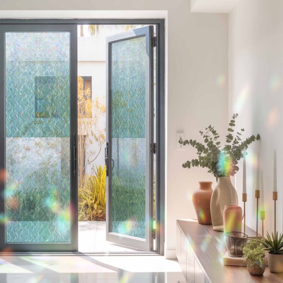 Gradient Teal Window Privacy Film Abstract Morocco Teal Curved Lines Static Cling Stained Glass Window Film Non-Adhesive Decorative Decals Rainbow Sticker 17.7"X78.7"