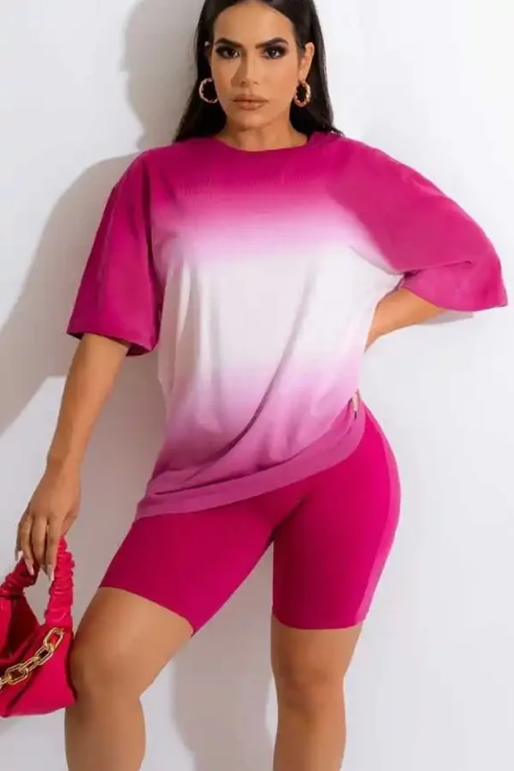 Gradient Tee Shirt Two Piece Set (M, RoseRed)