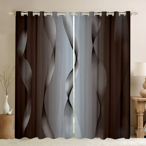 Gradient Terra Brown and Grey Curtains & Drapes 2 Panels 52"Wx63"L,Silver Foil Print Wave Striped Curtains Ombre Blackout Curtains,Abstract Art Room Decor Aesthetic