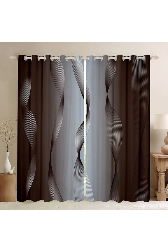 Gradient Terra Brown and Grey Curtains & Drapes,Irregular Silver Stripe Wave Line Curtains Ombre 30%-50% Blackout Curtains 2 Panels 42"Wx84"L,Abstract Art Room Decor Aesthetic