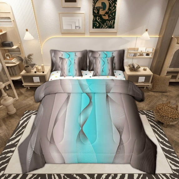 Gradient Terra Brown and Teal Bed in a Bag King Size Comforter Set 7 Pieces,Silver Foil Print Wave Striped Bedding Sets Abstract Ombre Art Sheet Set with Comforter