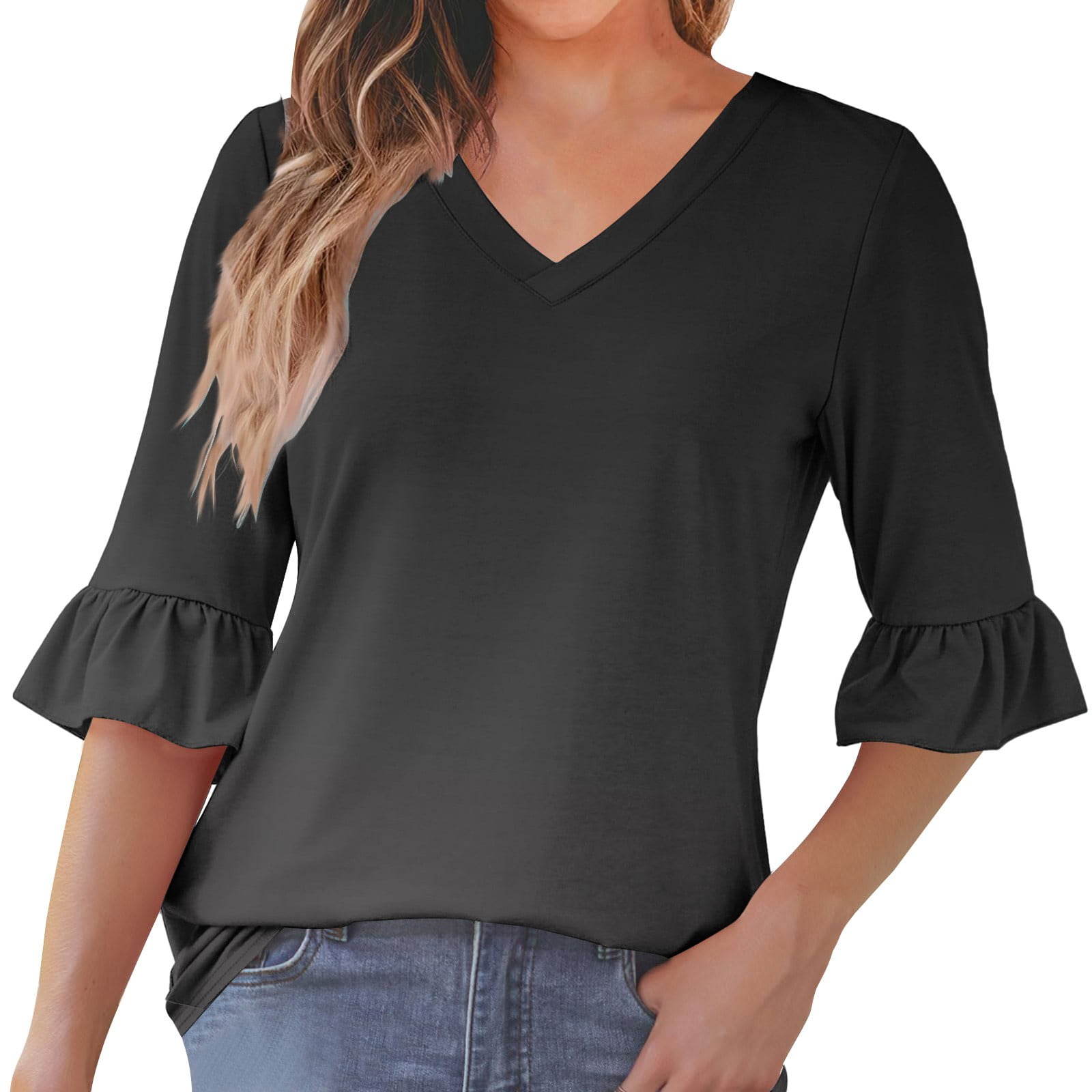 Women's V-Neck Ruffle Sleeve Blouse - Business Casual Summer Top, Loose Fit Tunic, Polyester Rayon Spandex Blend