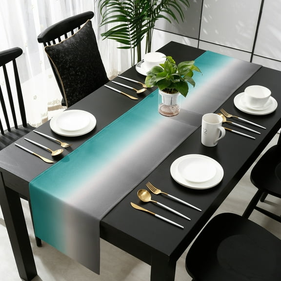 Gradient Turquoise, Cotton Linen Table Runner 18 x 72 inch Minimalist Gray Grey Abstract Art Non-slip Rectangular Dining Table Decor for Wedding Party Holiday Dinner