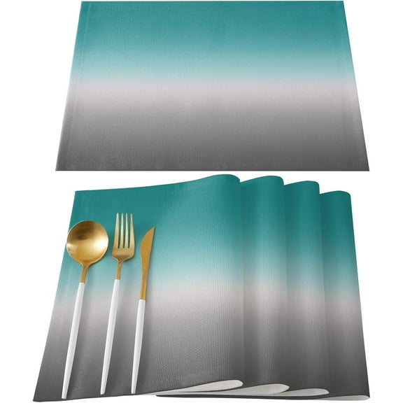 Gradient Turquoise Gray Grey Abstract Art Placemats for Dinning Table Set of 4 Waterproof Cloth Table Mats, Cotton Linen Place Mats Fabric Dinner Mat Easy Clean Farmhouse Resistant Holiday Table Decor