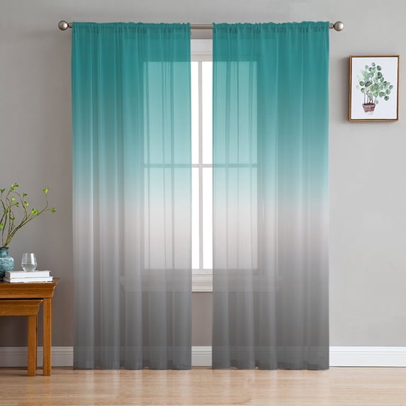 Gradient Turquoise, Semi Sheer Curtains 72 Inch Length 2 Panels Set, Minimalist Gray Grey Abstract Art Sheer Kitchen Curtain Privacy Voile Window Curtain for Living Room Bedroom Rod Pocket Drapes