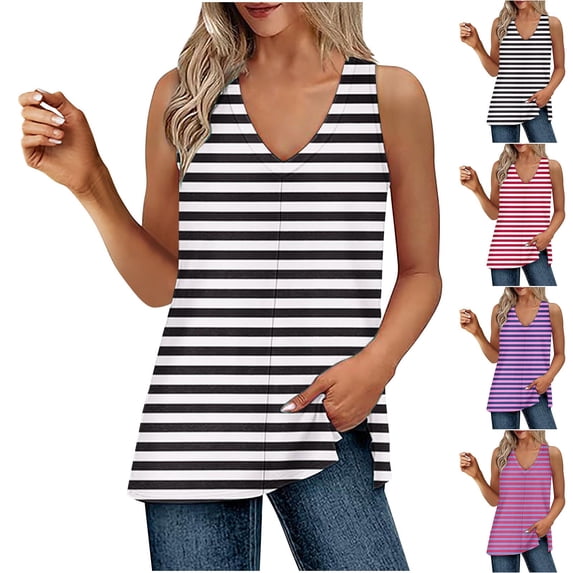 Gradient V Neck Sleeveless Ladies Top Blouse Shirt Loose Casual Fit Side Slit Fashion Summer Vacation | CSEONE,Red L
