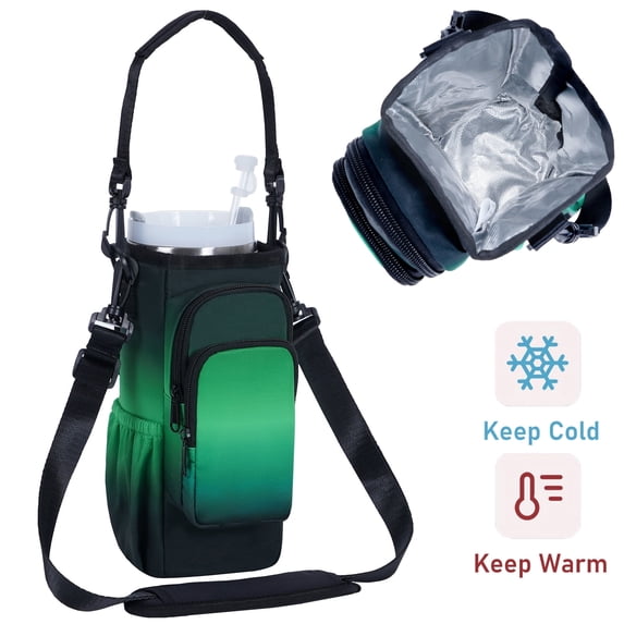 Gradient Water Bottle Carrier Bag for 30oz 40oz Tumbler, Ombre Insulated Cup Holder with Handle and Shoulder Strap, Cup Sleeve with Pocket, Green