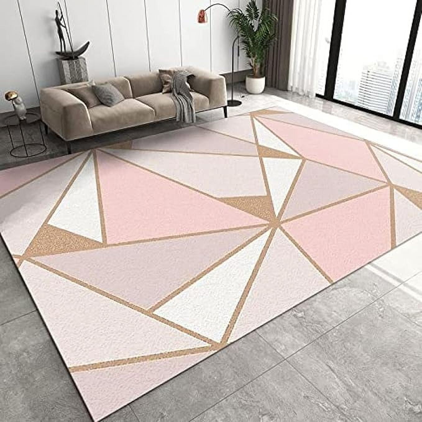 Gradient White Pink Rose Gold Geometric Stitching Area Rug, Luxurious ...