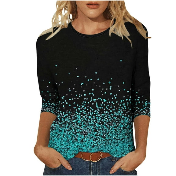 Gradient Women 3/4 Sleeve Shirts Summer Crewneck Tunic Top Fashion Going Out Basic Tee Shirt Blouse