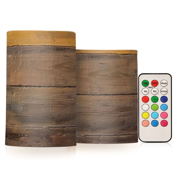 Gradient Wood Color Flameless Candles LED Lights Battery Operated Candles with Remote and Timers Flicker Lights Votive Set of 2