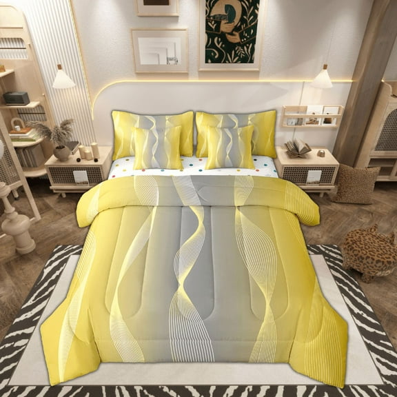 Gradient Yellow and Grey 7 Piece Comforter Set Full Bed in a Bag,Silver Foil Print Wave Striped Bedding Sets Abstract Ombre Art Sheet Set with Comforter