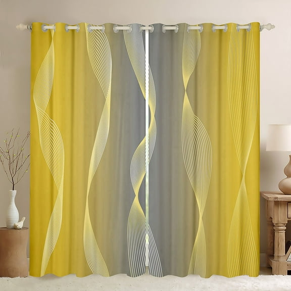 Gradient Yellow and Grey Blackout Curtains Ombre Curtains & Drapes,Spiral Silver Print Wave Striped Pattern 2 Panels 42"Wx63"L Curtains,Abstract Art Room Decor Aesthetic