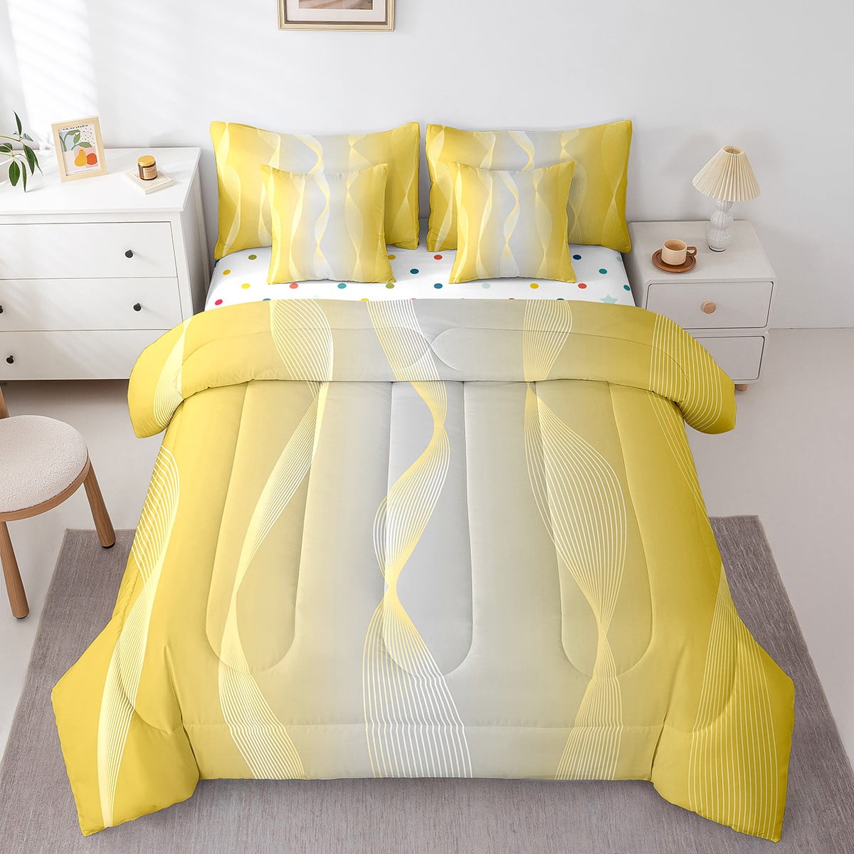 Gradient Yellow and Greyish White Comforter Set 7 Piece Bed in a Bag