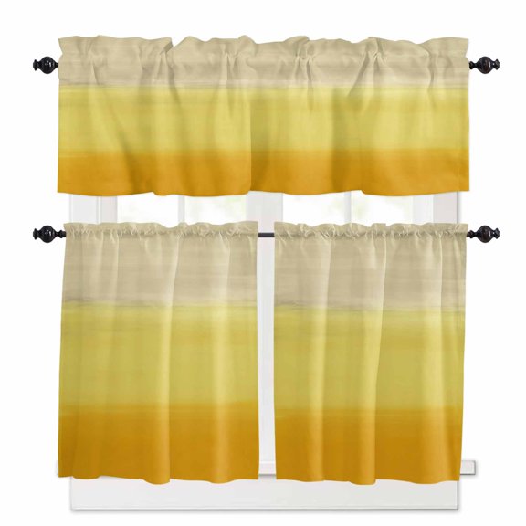Gradient Yellow Kitchen Curtains Valance and Tier Set Abstract Yellow Beige Gradient Water Ripples Short Curtains for Small Window 3 Pieces Set for Bedroom Bathroom Cafe (54" x 18"+27" x 24")