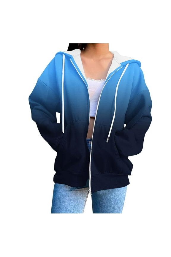Gradient Zip Up Hoodies for Women Long Sleeve Sweatshirts Ombre Color Drawstring Casual Fall Lightweight Jackets