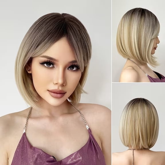 Gradient blonde bangs bob wig 12-inch straight hair heat-resistant synthetic fiber wig for women