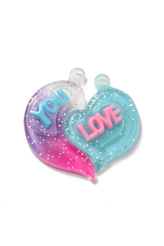 Gradient color Translucent Resin Pendants with Glitter Powder Couple Heart Charm with Word LOVE YOU Deep Pink 39x38.5x5.5mm Hole: 3.5mm 2pcs/set