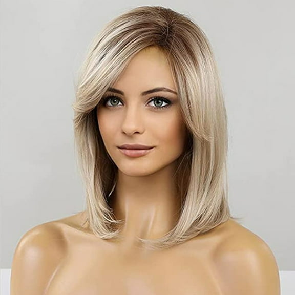 Gradient golden bangs shoulder-length wig fashionable face-shaping style