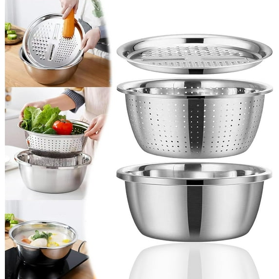 Gradientiscolor Germany Multifunctional Stainless Steel Basin, Multifunction Stainless Steel Basin, Stainless Steel Shredding & Drainage Chopping Basin with Grater,Strainer and Drain Baske (11.02in)