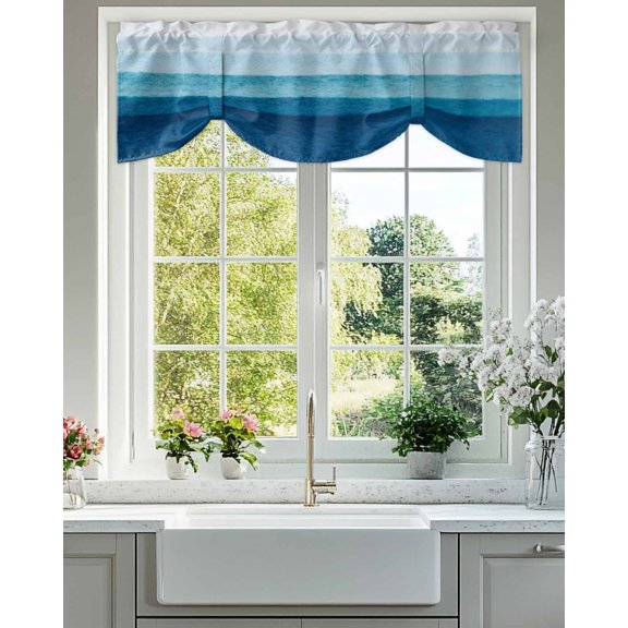Gradients Blue Tie Up Valances Curtain, Adjustable Kitchen Oceans Waves Beaches Abstract Art Valances for Windows Decor, Rod Pocket Short Curtains Set for Bedroom/Bathroom, 42"x12"