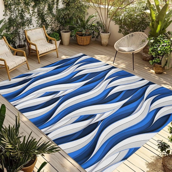 Gradients Blue White Waves Outdoor Rug, Modern Abstract Art Twists Lines Striped Non-Slip Area Rugs Carpet Breathable Large Floor Mat for Outdoors Patio Porch Deck Beach 5’ x 7’