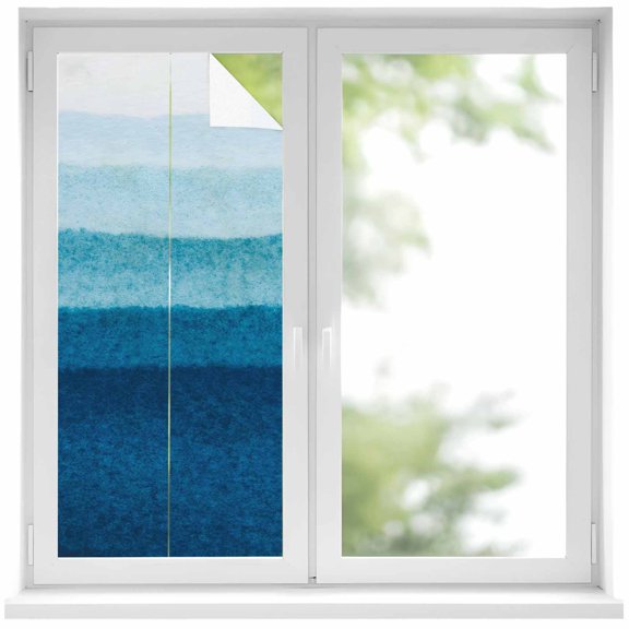 Gradients Blue Window Privacy Film, Oceans Waves Beaches Abstract Art Frosted Glass Window Clings Static Cling UV Heat Blocking Reusable Door Sticker for Bathroom 17.7 x 39.3 Inch