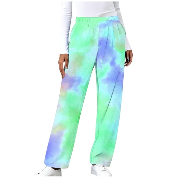 Gradual Flannel Sweatpants for Women, Elastic Waist Wide Leg Straight Sport Trousers, Winter Warm Pants with Side Pockets