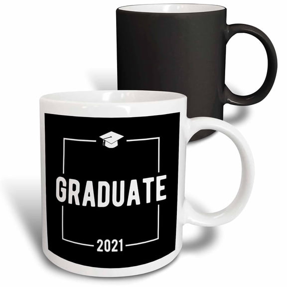 3drose, Graduate 2021 with a Graduation Cap Inside a Square. White on Black., 11oz Magic Transforming Mug