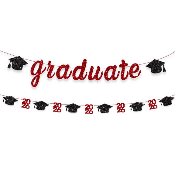 Graduate Banner Set, Red and Black Glitter, 2026 Graduation Cap Decorations, 2 Piece Party Decor