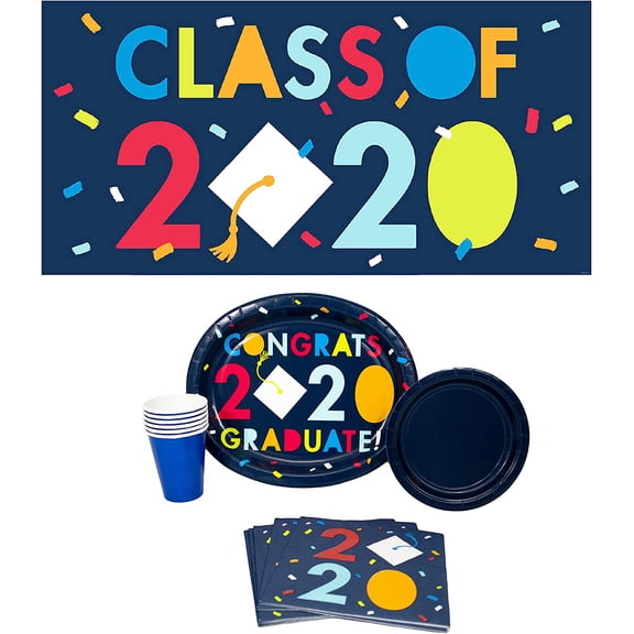 Graduate "Class of 2020" Confetti! Disposable Paper Plates, Napkins, Cups and Banner (Set for 18)
