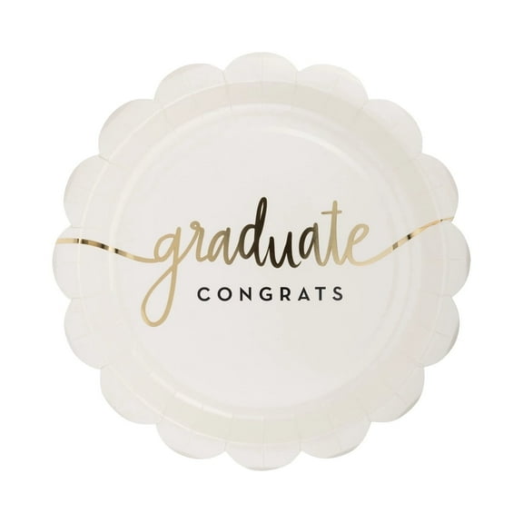 Elegant White Graduation Party Plates with Gold Foil Congrats Grad Design 9" Scalloped Paper Plates for High School, College, or Kindergarten Graduation Pack of 8