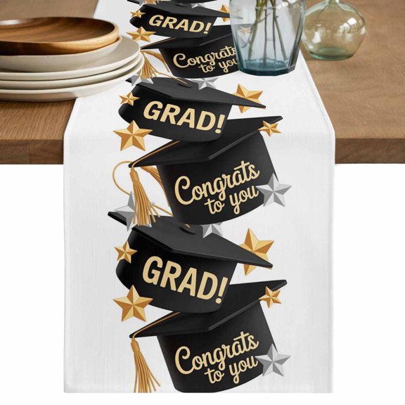 Graduate Cotton Linen Table Runner for Dining Kitchen, Funny Words Modern Art Wedding Outdoor Party Tablerunners Decoration, Dresser Scarf Coffee Tablecloth Runners 13x36 Inches
