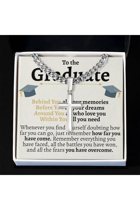To The Graduate Cross Necklace with Cuban Chain, University Graduation Gift for Him, Graduation Gift for Men, High School Graduation Gift Male, Cross Necklace for Son with Gift Box