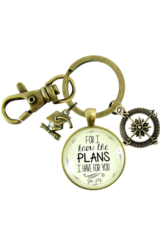Graduate For I Know the Plans Gutsy Goodness Bronze Keychain Jeremiah 29 11 Ring Jewelry Compass Graduation Tassel