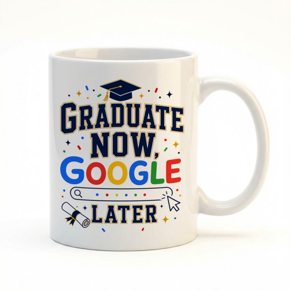 Graduate Now, Google Later 11oz White Ceramic Mug, Funny Graduation Gift for New Grads