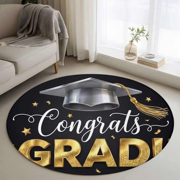 Graduate Season 4FT Round Area Rugs Congrats Grad Bachelor's Cap Celebration Black Soft Small Round Rug Non-Slip, Ultra-Thin Indoor Circle Carpet for Bedroom Entryway Kitchen Bathroom