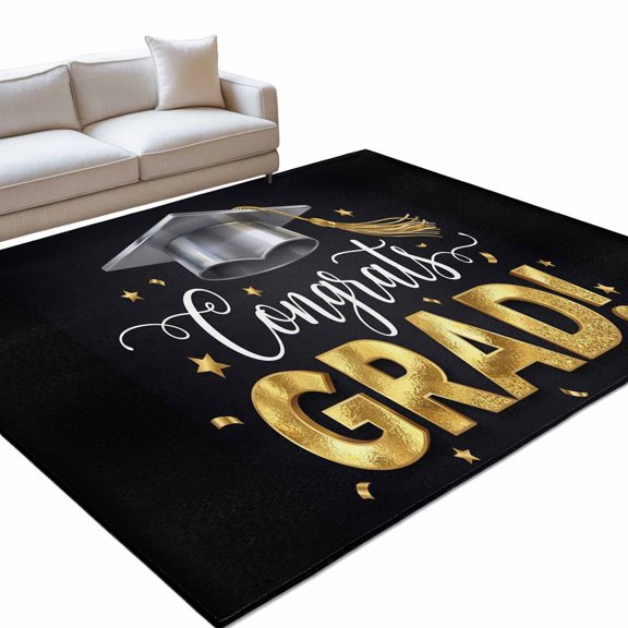 Graduate Season 6x9ft Non Slip Area Rug Congrats Grad Bachelor's Cap Celebration Black Washable Soft Area Rugs for Living Room, Indoor Circle Carpet for Bedroom Dining Room Kitchen