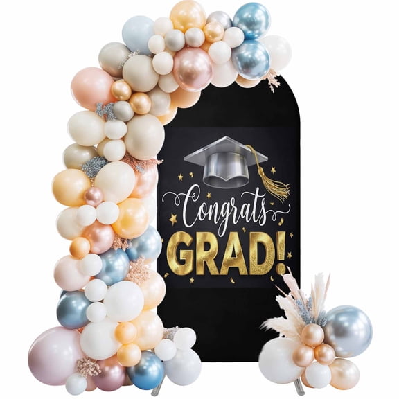 Graduate Season Arch Backdrop Cover 4 FT Congrats Grad Bachelor's Cap Celebration Black Stretchy Elastic Arch Stand Covers Spandex Arched Background Birthday Wedding Party Decoration (No Stand)