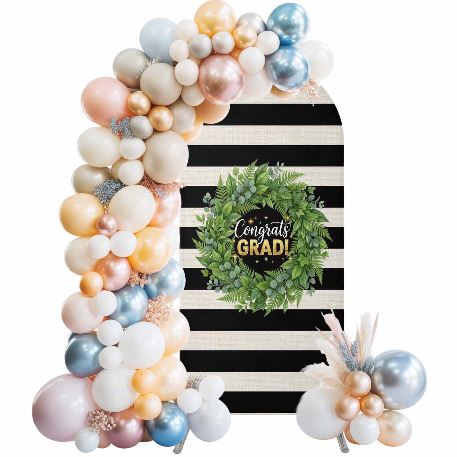 Graduate Season Arch Backdrop Cover 5 FT Congrats Grad Bachelor's Cap Leaf Wreath Black Stripes Stretchy Arch Stand Covers Spandex Arched Background Birthday Wedding Party Decoration (No Stand)