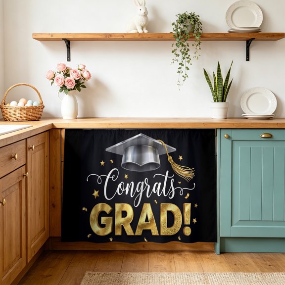 Graduate Season Cabinet Curtains 10" W x 11" L Congrats Grad Bachelor's Cap Celebration Black Waterproof Adhesive Kitchen Under Sink Curtain Dust-Proof Dishwasher Skirt for Closet