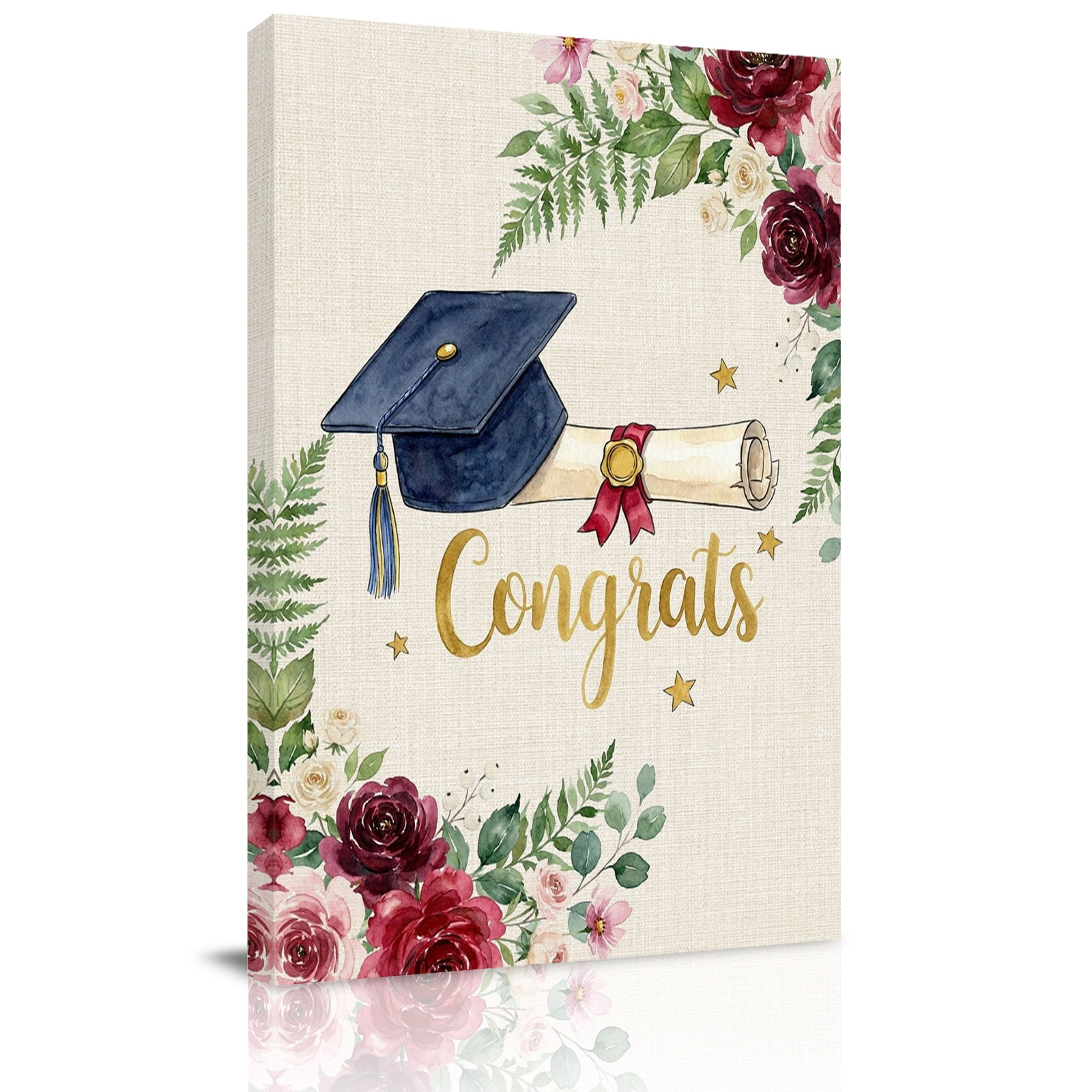 Graduate Season Canvas Wall Art for Living Room, Congrats Grad Bachelor's Cap Flower Leaf Star Wall Decor Framed Artwork Pictures Ready to Hang for Bedroom Office Home Decor