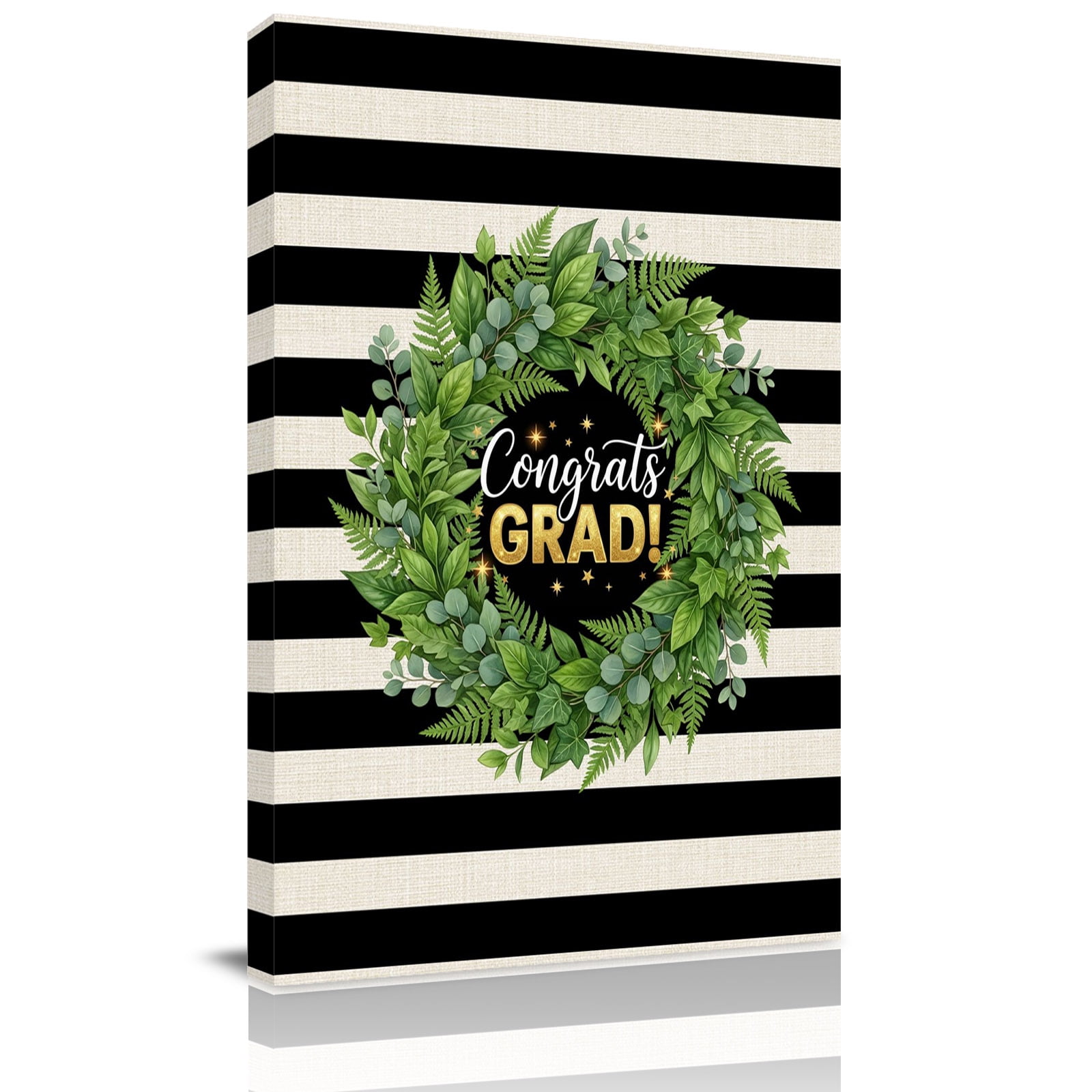 Graduate Season Canvas Wall Art for Living Room, Congrats Grad Bachelor's Cap Leaf Wreath Black Stripes Wall Decor Framed Artwork Pictures Ready to Hang for Bedroom Office Home Decor