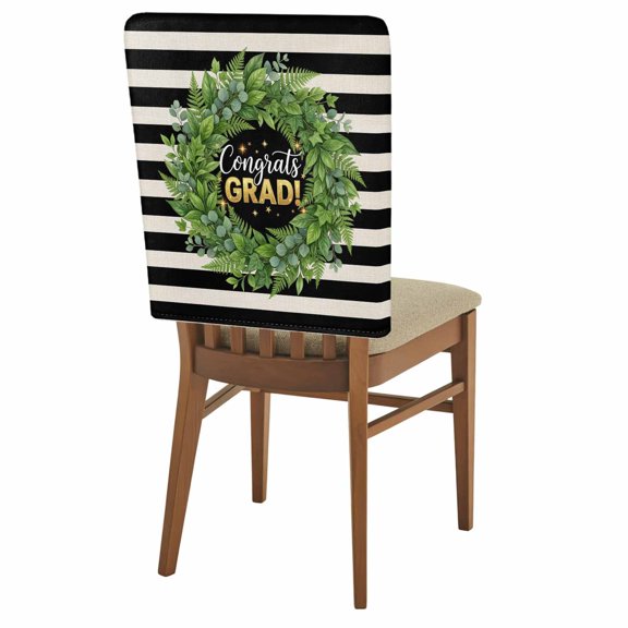 Graduate Season Chair Covers Set of 1 Congrats Grad Bachelor's Cap Leaf Wreath Black Stripes Chair Back Covers Stretch Removable Washable Slipcovers Protector for Dining Room Kitchen Party Decor
