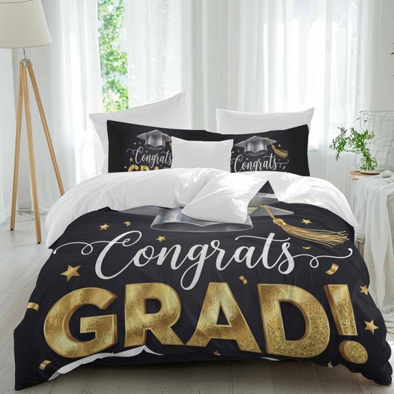 Graduate Season Comforter Set Twin Size, Congrats Grad Bachelor's Cap Celebration Black Soft Bedding Set for Man Woman, 4 Pieces Duvet Cover Set with Fitted Sheet, 2 Pillowcases