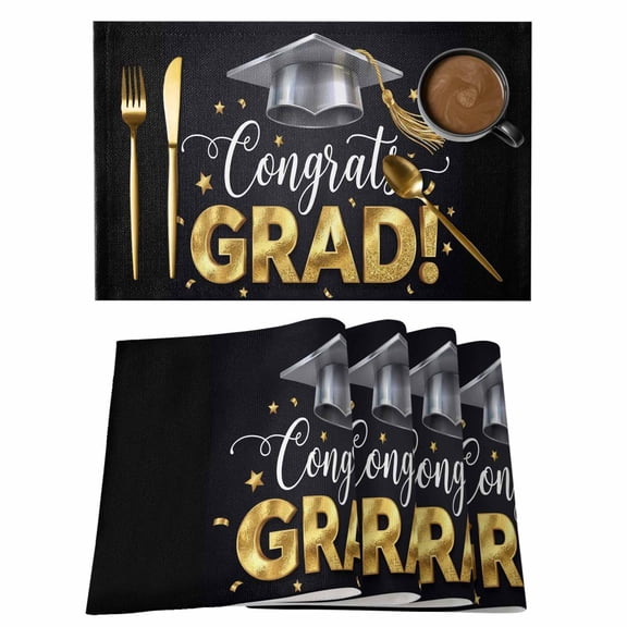 Graduate Season Cotton Linen Placemats Set of 1, Congrats Grad Bachelor's Cap Celebration Black Washable Table Place Mats Heat Insulating Placemat for Dining Room Kitchen Daily Use 13 x 19 Inch