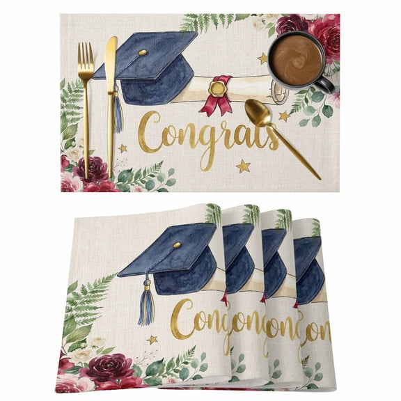Graduate Season Cotton Linen Placemats Set of 1, Congrats Grad Bachelor's Cap Flower Leaf Star Washable Table Place Mats Heat Insulating Placemat for Dining Room Kitchen Daily Use 13 x 19 Inch
