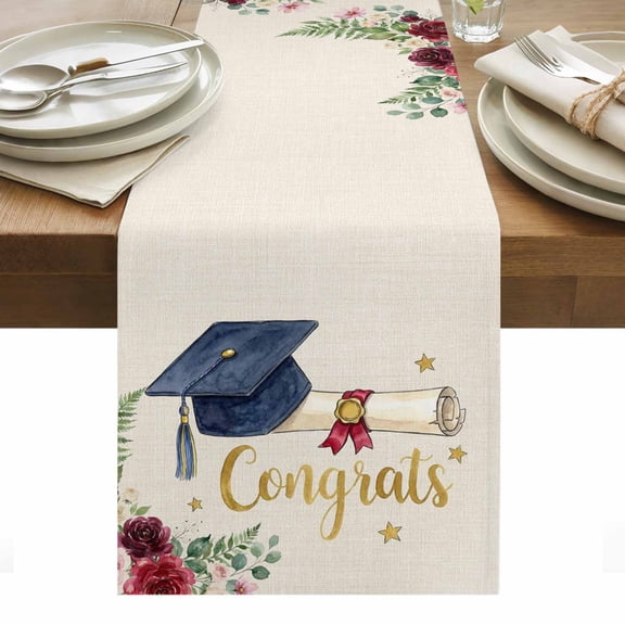 Graduate Season Cotton Linen Table Runner Congrats Grad Bachelor's Cap Flower Leaf Star Dining Table Runners for Home Decor Party Dining Room Restaurant Kitchen Party 13" x 36"