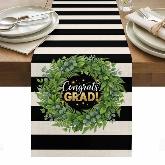 Graduate Season Cotton Linen Table Runner Congrats Grad Bachelor's Cap Leaf Wreath Black Stripes Dining Table Runners for Home Decor Party Dining Room Restaurant Kitchen Party 13" x 36"