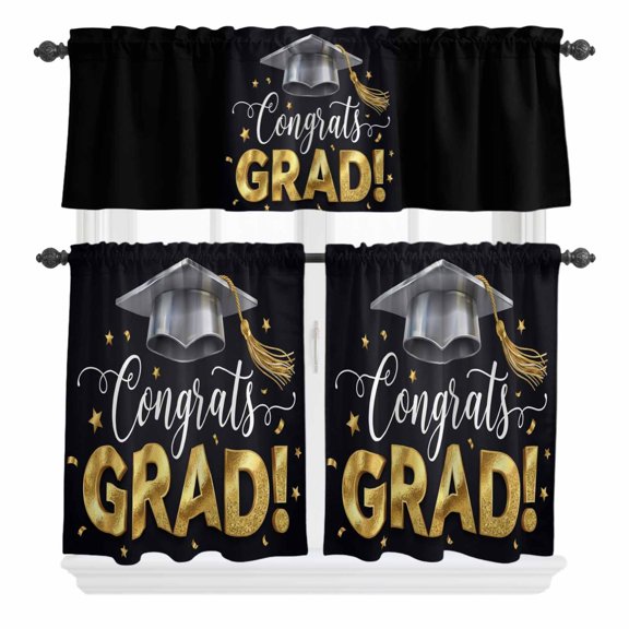 Graduate Season Curtain Valances Set Congrats Grad Bachelor's Cap Celebration Black Kitchen Curtains 24&nbsp;inch Length Rod Pocket Valance and Tiers 3 Piece Set Small Bedroom Bathroom Laundry Decor