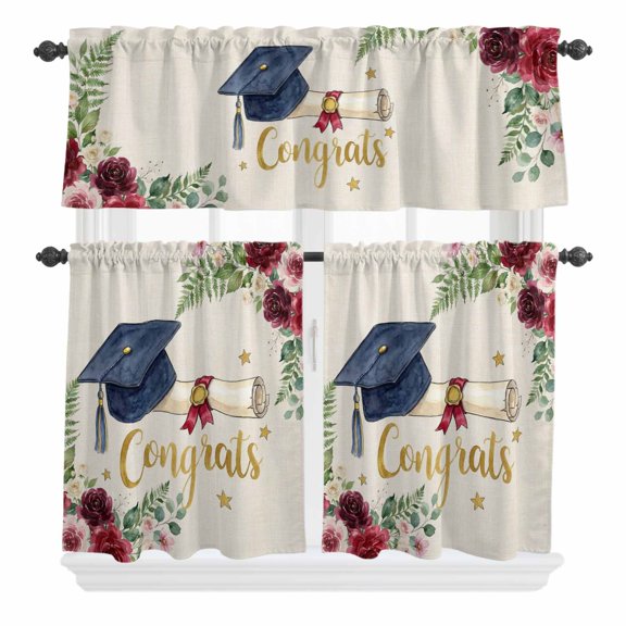 Graduate Season Curtain Valances Set Congrats Grad Bachelor's Cap Flower Leaf Star Kitchen Curtains 24&nbsp;inch Length Rod Pocket Valance and Tiers 3 Piece Set Small Bedroom Bathroom Laundry Decor